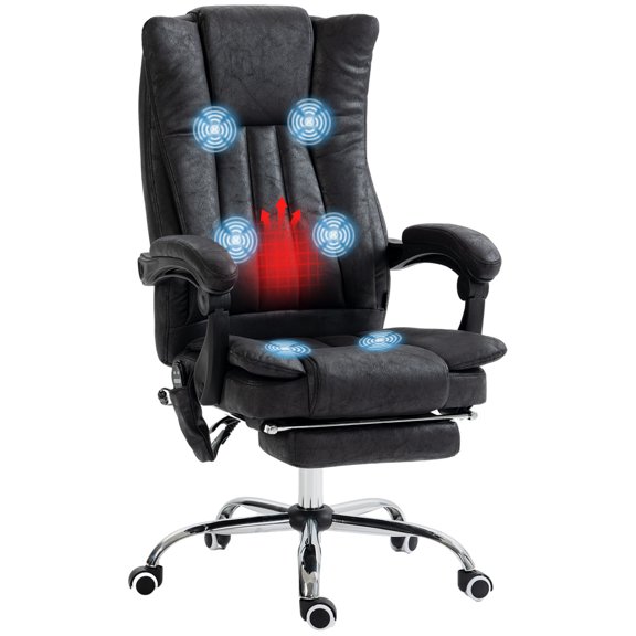 High Back Massage Office Chair with Heat, Adjustable Height and Retractable Footrest for Home Office, Black Polyester