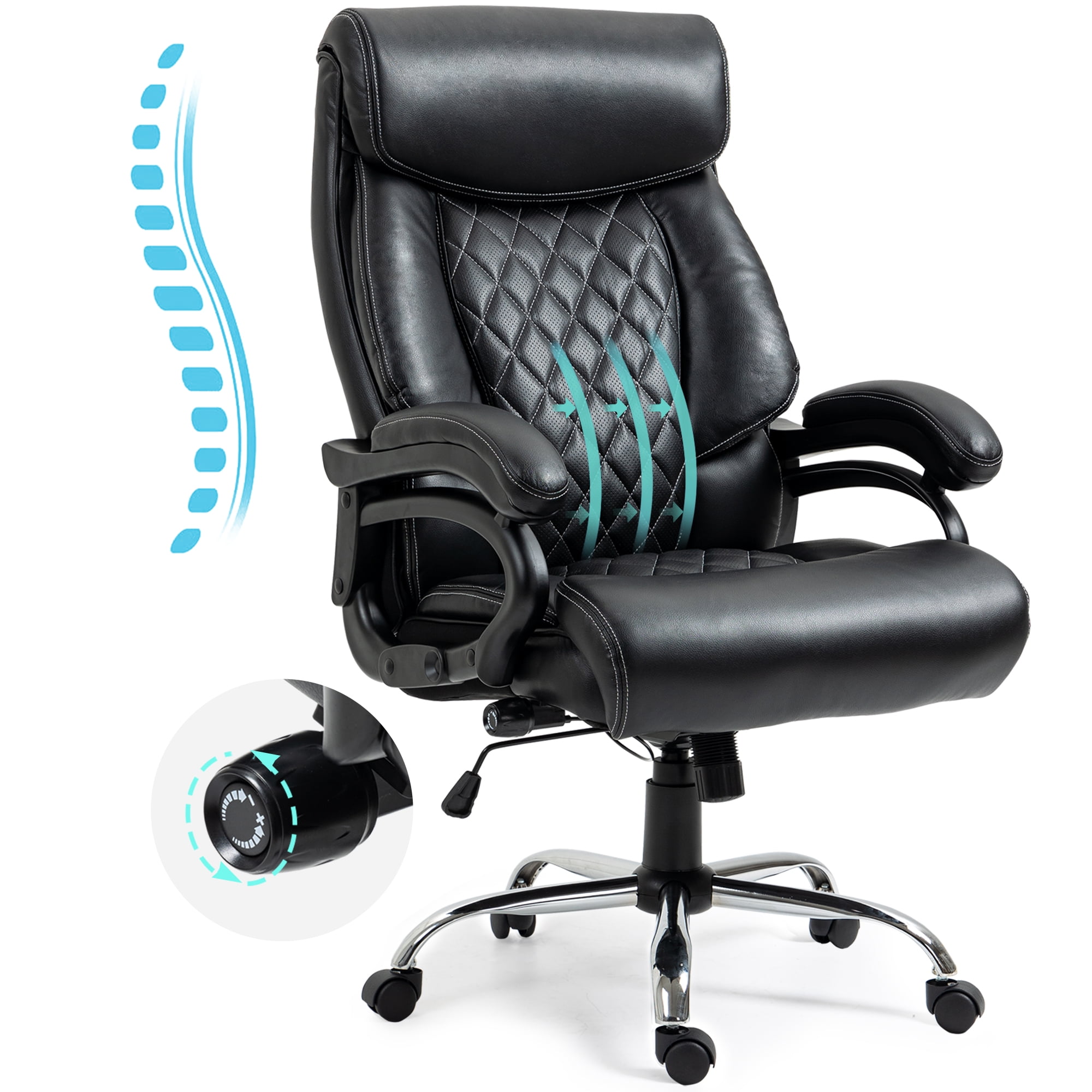High Back Office Chair - Adjustable Lumbar Support, Big & Tall Executive Desk Chair, Wide Spring Seat, Sturdy Metal Base, Silent Wheels - Ergonomic High Back Office Chair - Adjustable Lumbar Support, Big & Tall Executive Desk Chair, Wide Spring Seat, Sturdy Metal Base, Silent Wheels - Ergonomic