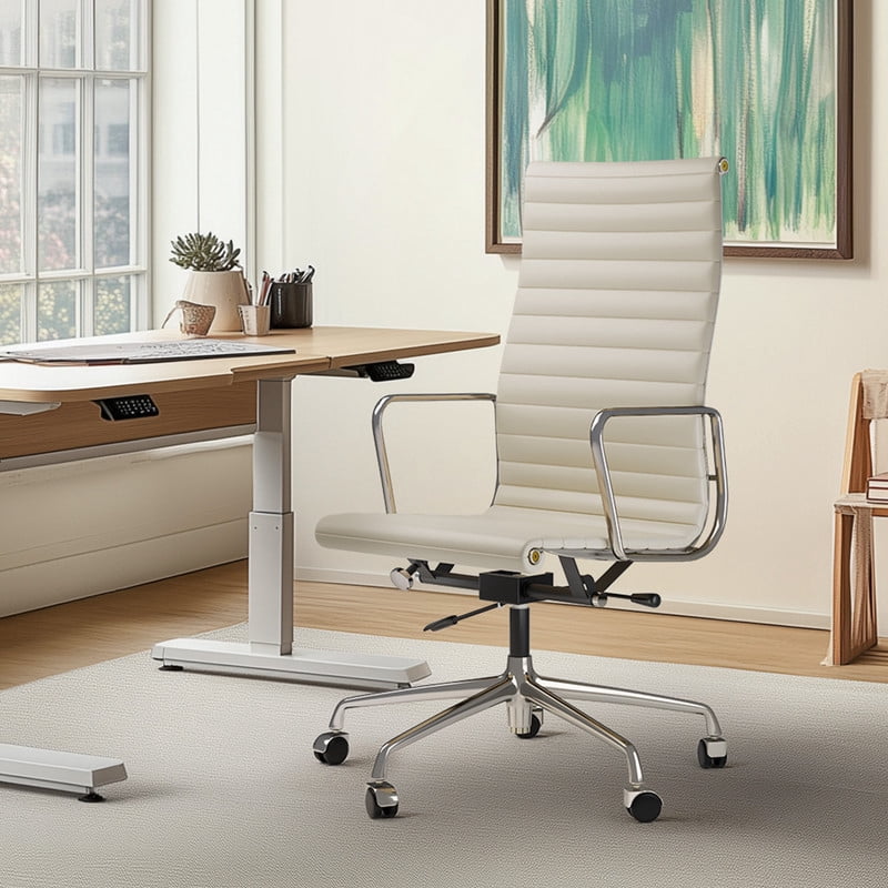 High Back Office Chair Ergonomic Office Chair Swivel Leather Task Chair with Lumbar Support,Adjustable Height,White