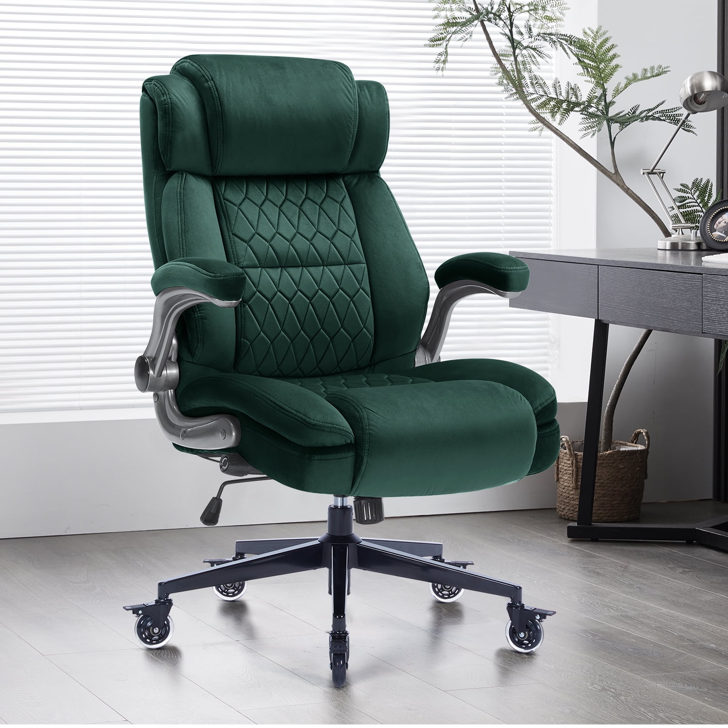 High Back Office Chair with Lockable Wheels, 400lbs Large Fabric Executive Desk Chair, Adjustable Lumbar Support Flip up Arms, Ergonomic Home Office Computer Chair with Storage Pocket, Green
