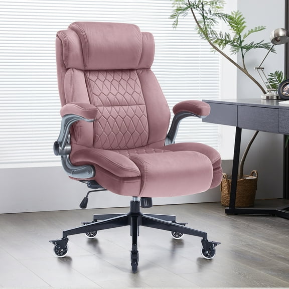 High Back Office Chair with Lockable Wheels, 400lbs Large Fabric Executive Desk Chair, Adjustable Lumbar Support Flip up Arms, Ergonomic Home Office Computer Chair with Storage Pocket, Pink