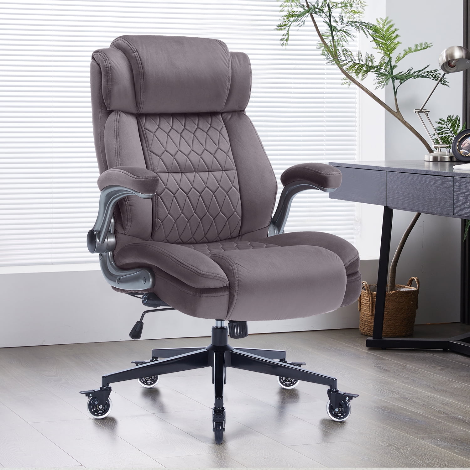 High Back Office Chair with Lockable Wheels, 400lbs Large Fabric Executive Desk Chair, Adjustable Lumbar Support Flip up Arms, Ergonomic Home Office Computer Chair with Storage Pocket, Cocoa
