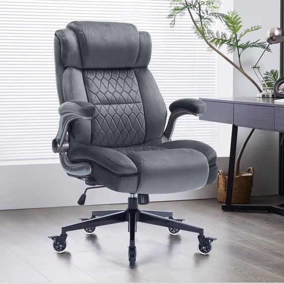 High Back Office Chair with Lockable Wheels, 400lbs Large Fabric Executive Desk Chair, Adjustable Lumbar Support Flip up Arms, Ergonomic Home Office Computer Chair with Storage Pocket, Grey