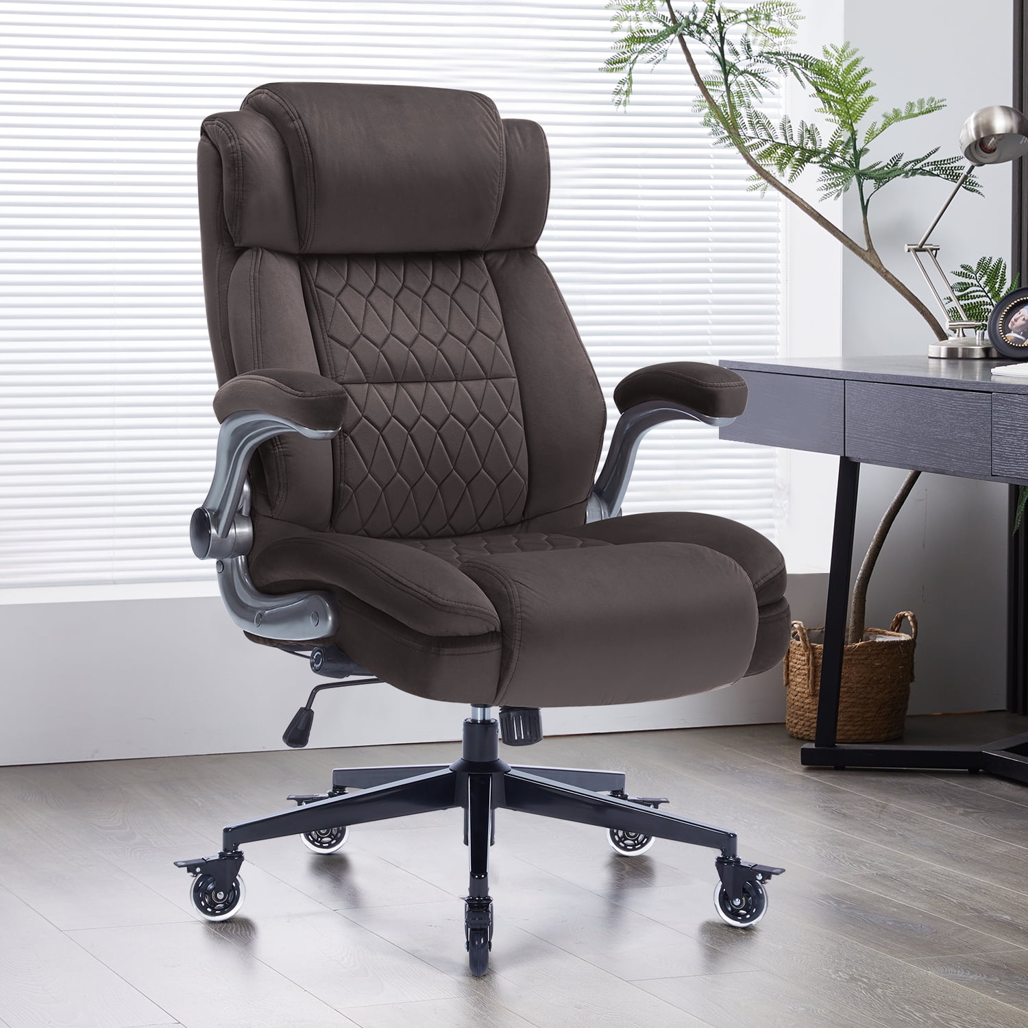 High Back Office Chair with Lockable Wheels, 400lbs Large Fabric Executive Desk Chair, Adjustable Lumbar Support Flip up Arms, Ergonomic Home Office Computer Chair with Storage Pocket, Brown