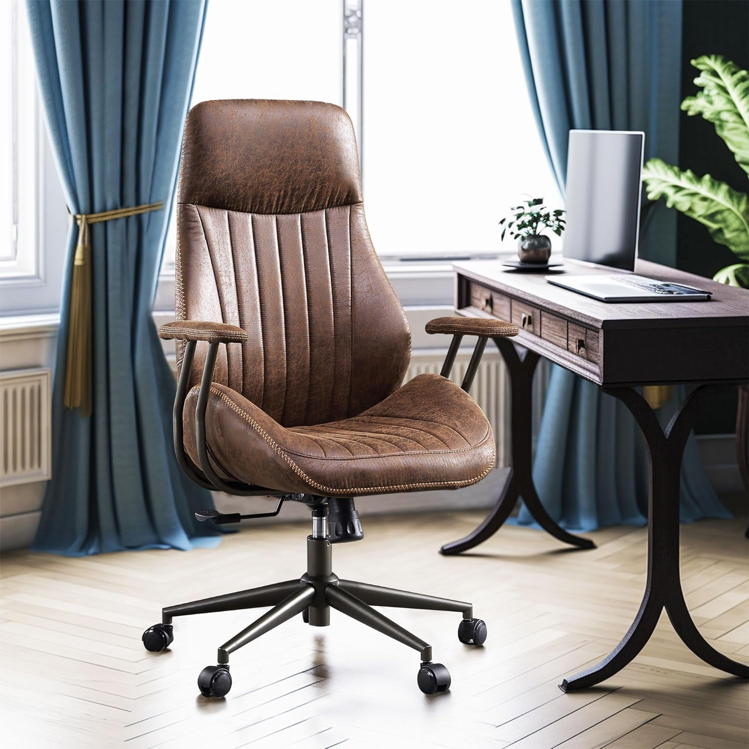 High Back Office Chair Modern Swivel Office Chair Brown Suede Fabric