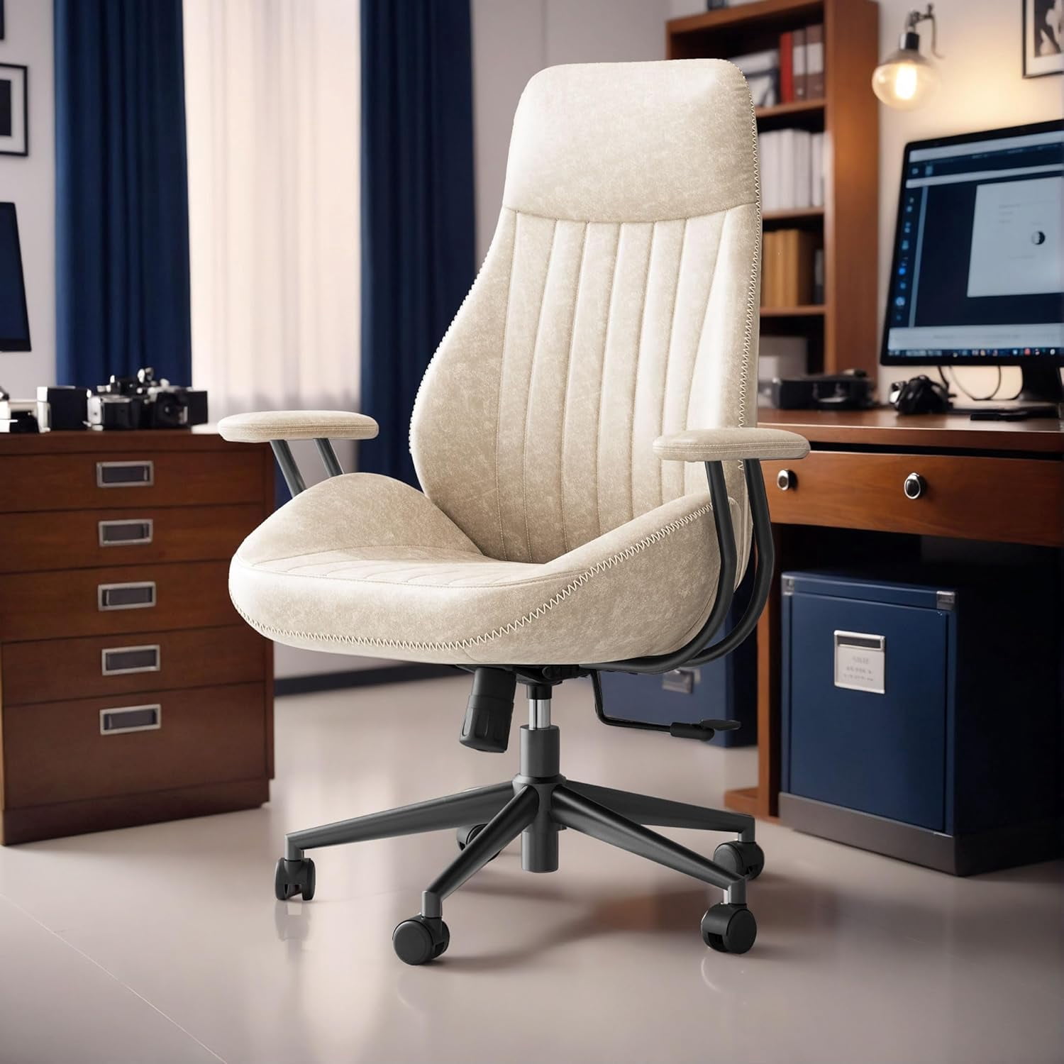 High Back Office Chair Modern Swivel Office Chair Brown Suede Fabric