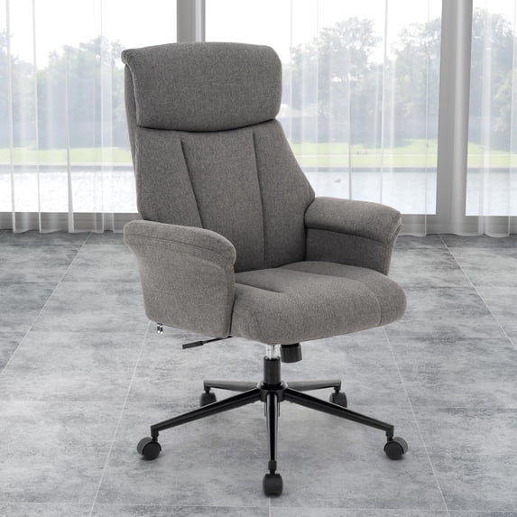 High Back Office Chair with Padded Arms, Ergonomic Adjustable Height 360° Swivel Linen Upholstered Desk Chair with Wheels for Home Office Study or Conference Room (Light Grey)