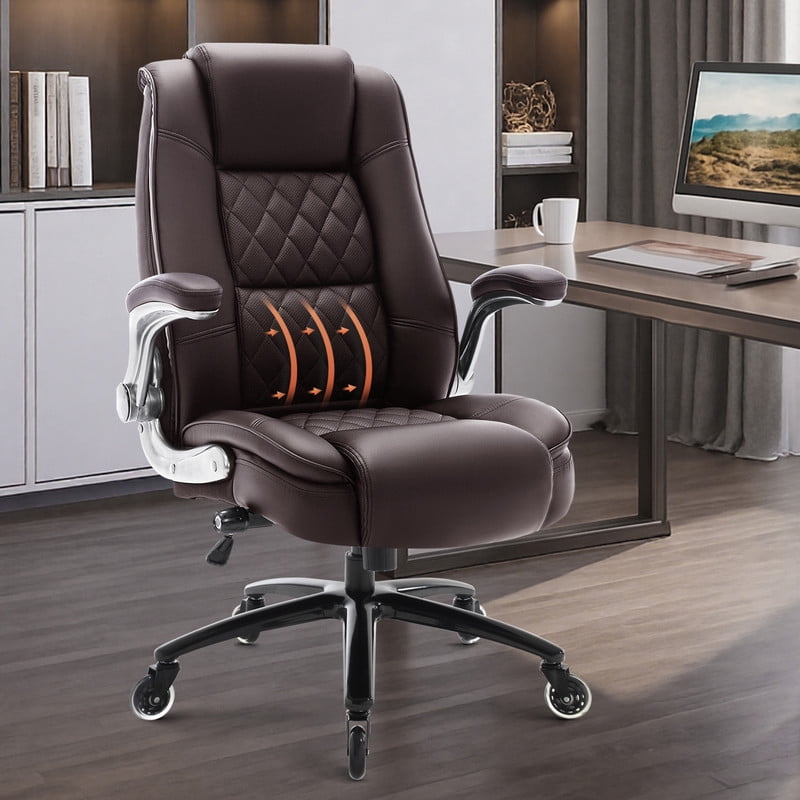 High Back Office Chair with Lumbar Support, Large Upholstered Executive Desk Chair, Faux Leather Computer Chair with Flip-up Arms, Rubber Wheels