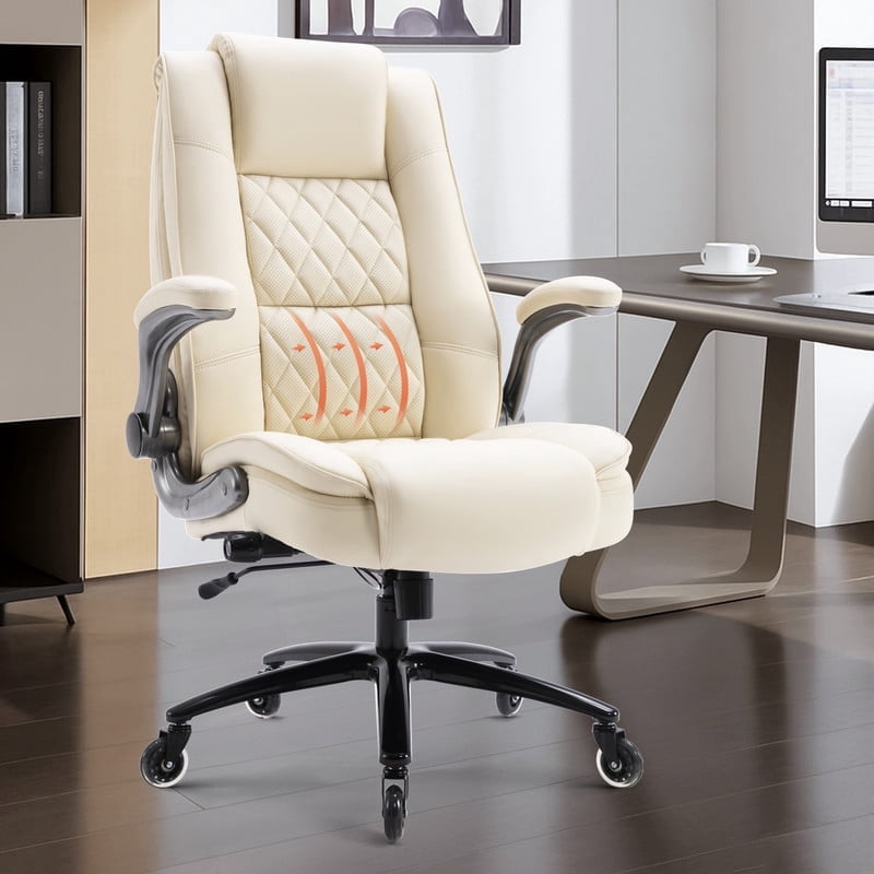 High Back Office Chair with Lumbar Support, Large Upholstered Executive Desk Chair, Faux Leather Computer Chair with Flip-up Arms, Rubber Wheels