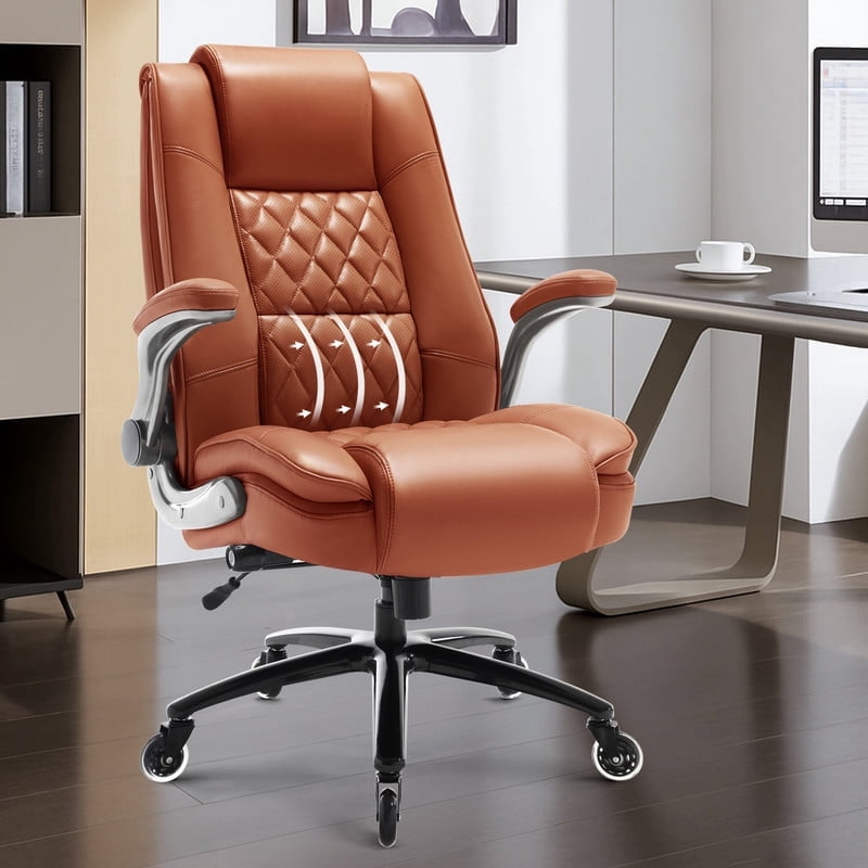 High Back Office Chair with Lumbar Support, Large Upholstered Executive Desk Chair, Faux Leather Computer Chair with Flip-up Arms, Rubber Wheels