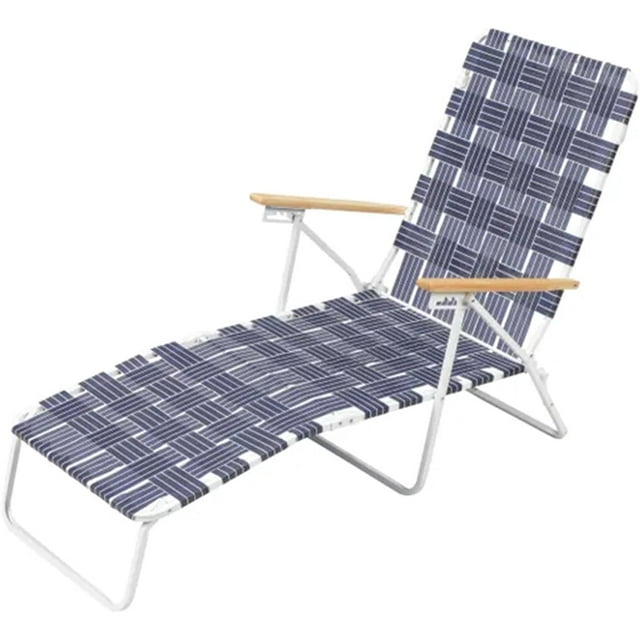 High Back Outdoor Folding Chaise Lounge Chair with Blue Woven bing, White Powder Coated Steel