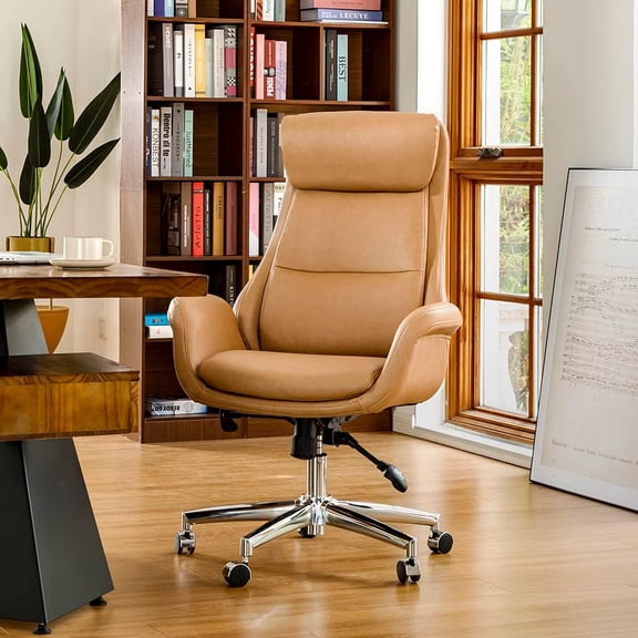 High Back PU Leather Ergonomic Office Chair, Adjustable Swivel Computer Desk Chair with Lumbar Support, Camel
