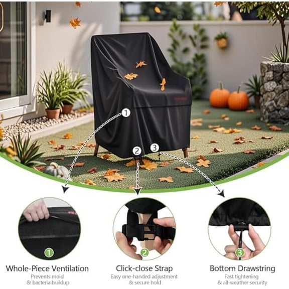 High Back Patio Chair Cover - Waterproof Outdoor Chair Covers, All Weather Patio Furniture Covers for Stackable Chairs, 27”W x34”D x34”H (Black)