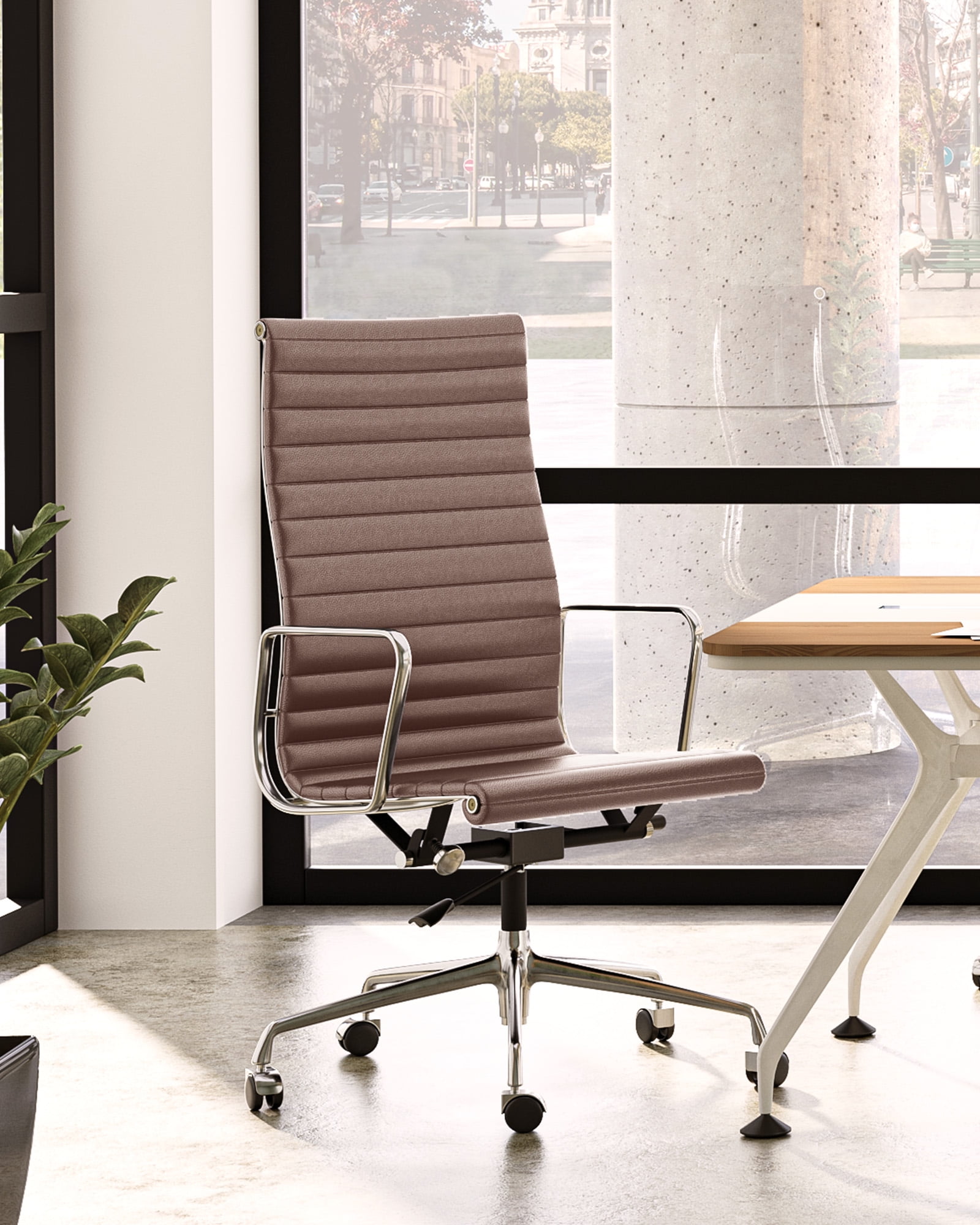 High-Back Ribbed Office Chair Adjustable Leather Computer Chair Ergonomic Lumbar Support,Swivel Desk Chair,Brown 1pc