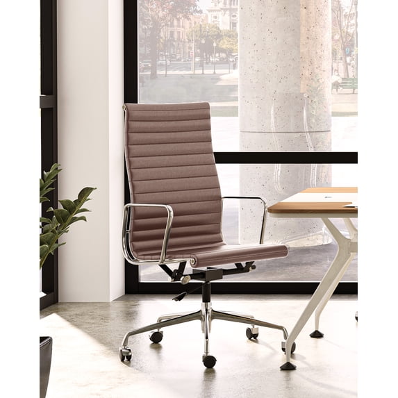High-Back Ribbed Office Chair Adjustable Leather Computer Chair Ergonomic Lumbar Support,Swivel Desk Chair,Brown 1pc