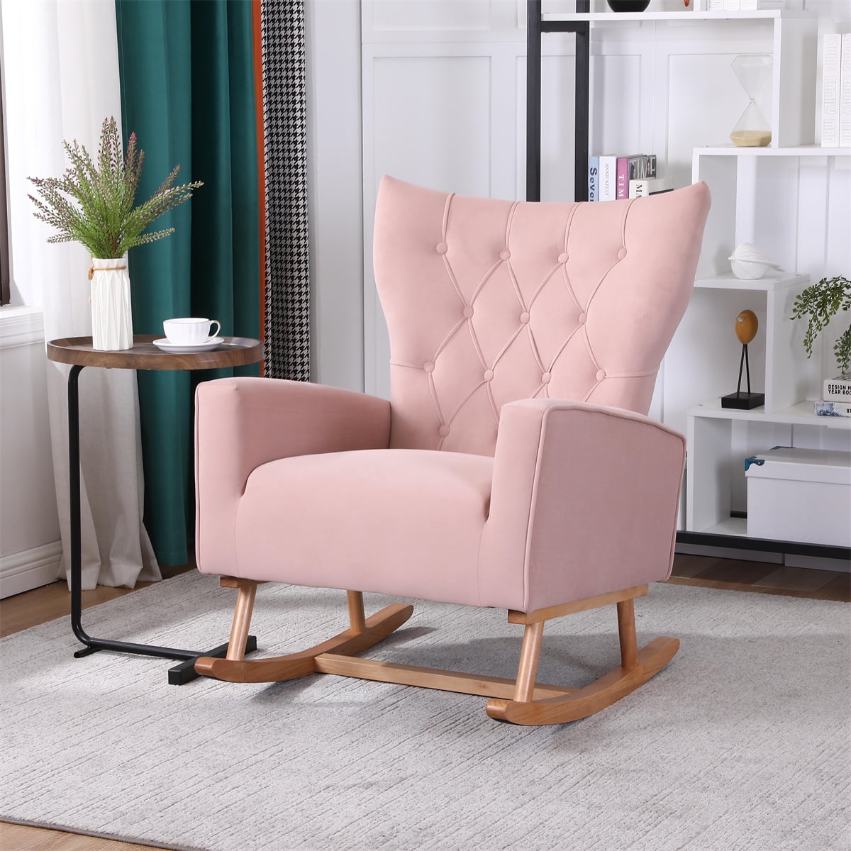 Rocking Chair Nursery,Solid Wood Legs with Teddy Fabric Upholstered,Nap Armchair for Living Rooms,Bedrooms,Best Gift - Pink