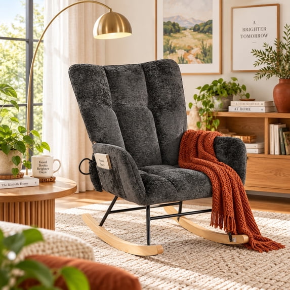 High Back Rocking Chair Black Chenille with Lumbar Support for Living Room Bedroom
