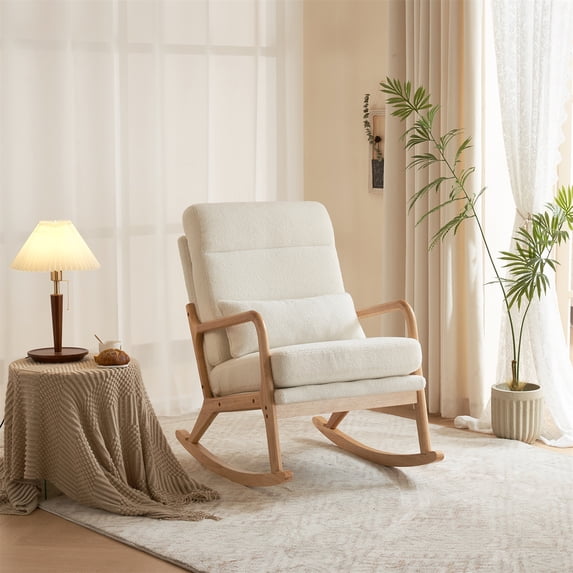 High Back Rocking Chair, Comfortable Accent Rocker Chair with Padded Seat and Lumbar Pillowt, Modern Nursery Glider Armchair with Solid Wood Base for Living Room Bedroom Baby Room, Off White-Teddy