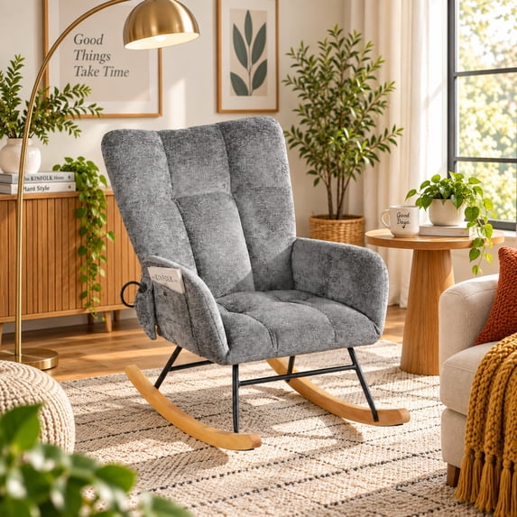 High Back Rocking Chair Dark Gray Chenille with Lumbar Support for Living Room Bedroom