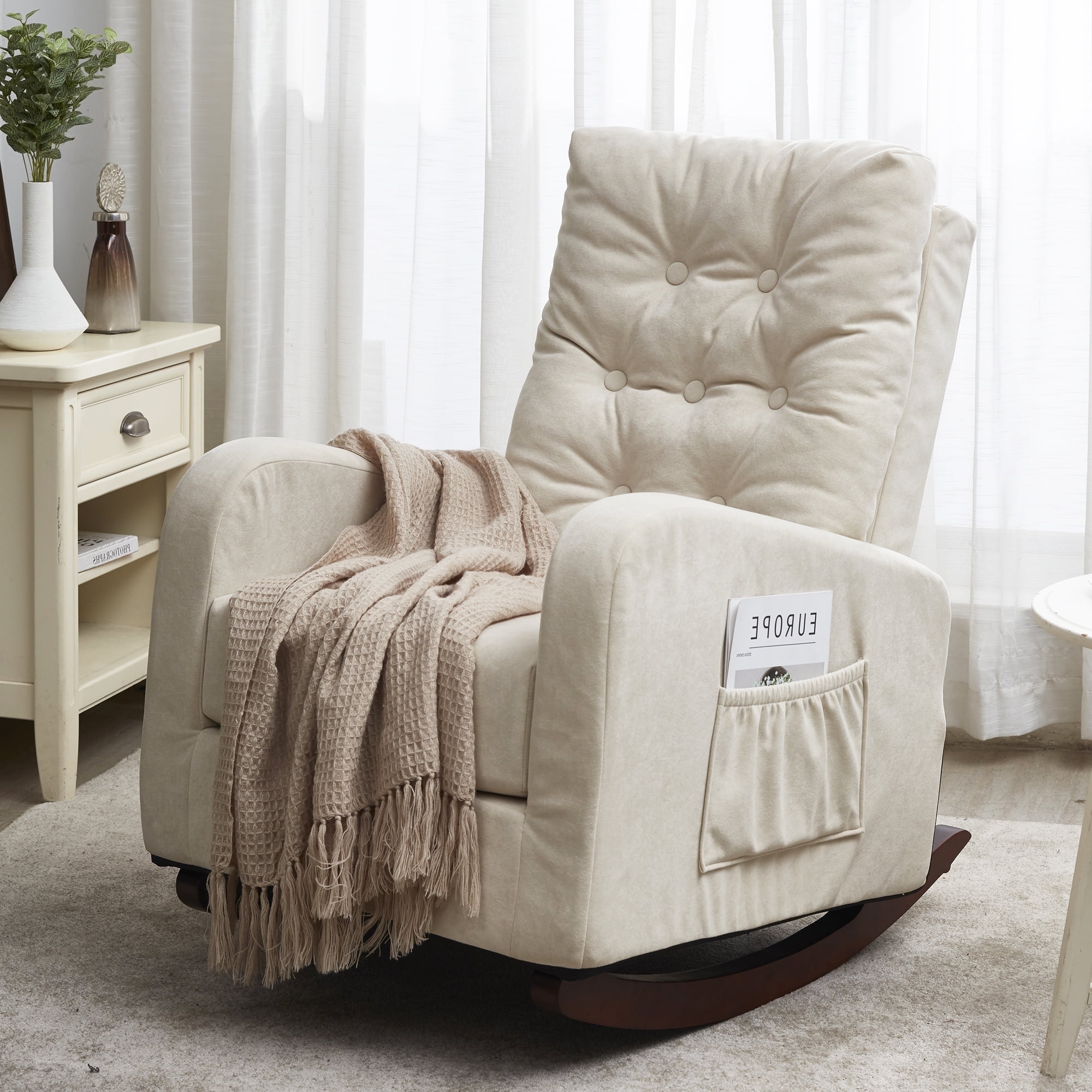 High Back Rocking Chair, Nursery Chair with Side Pocket, Linen Fabric Single Sofa Chair, Balcony Lazy Sofa Rocker Chair, Padded Armchair, for Living Room, Bedroom, Office, Beige
