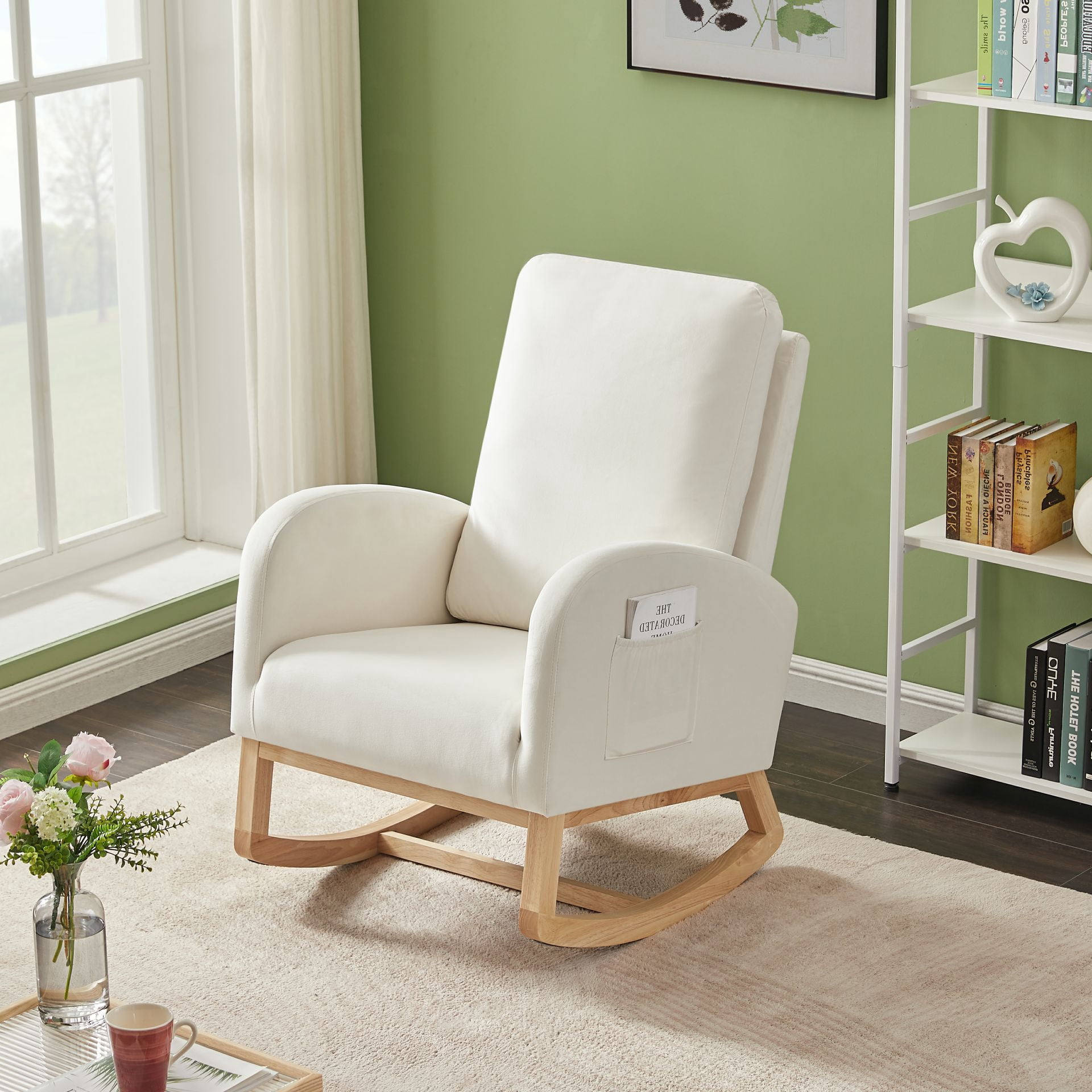 High Back Side Bag Flannelette Wood Indoor Rocking Chair Beige ...