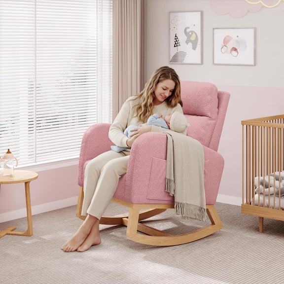High Back Soft Fleece Rocking Armchair - Supportive Seat with Pillow & Side Pockets for Bedroom Nursery