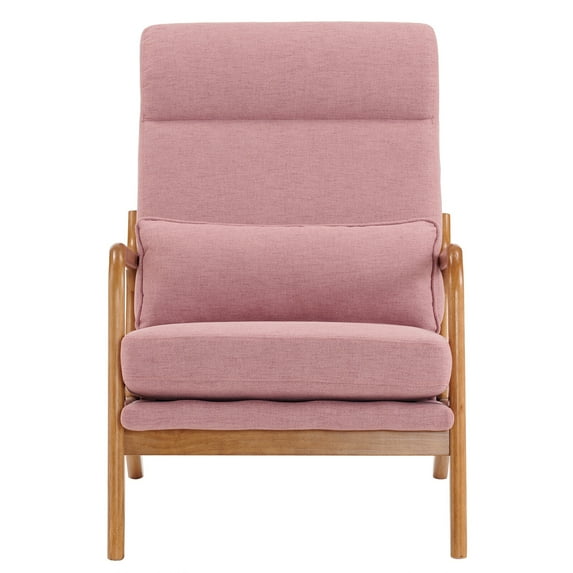 High Back Solid Wood Armrest Backrest Iron Frame Linen Indoor Leisure Chair Pink