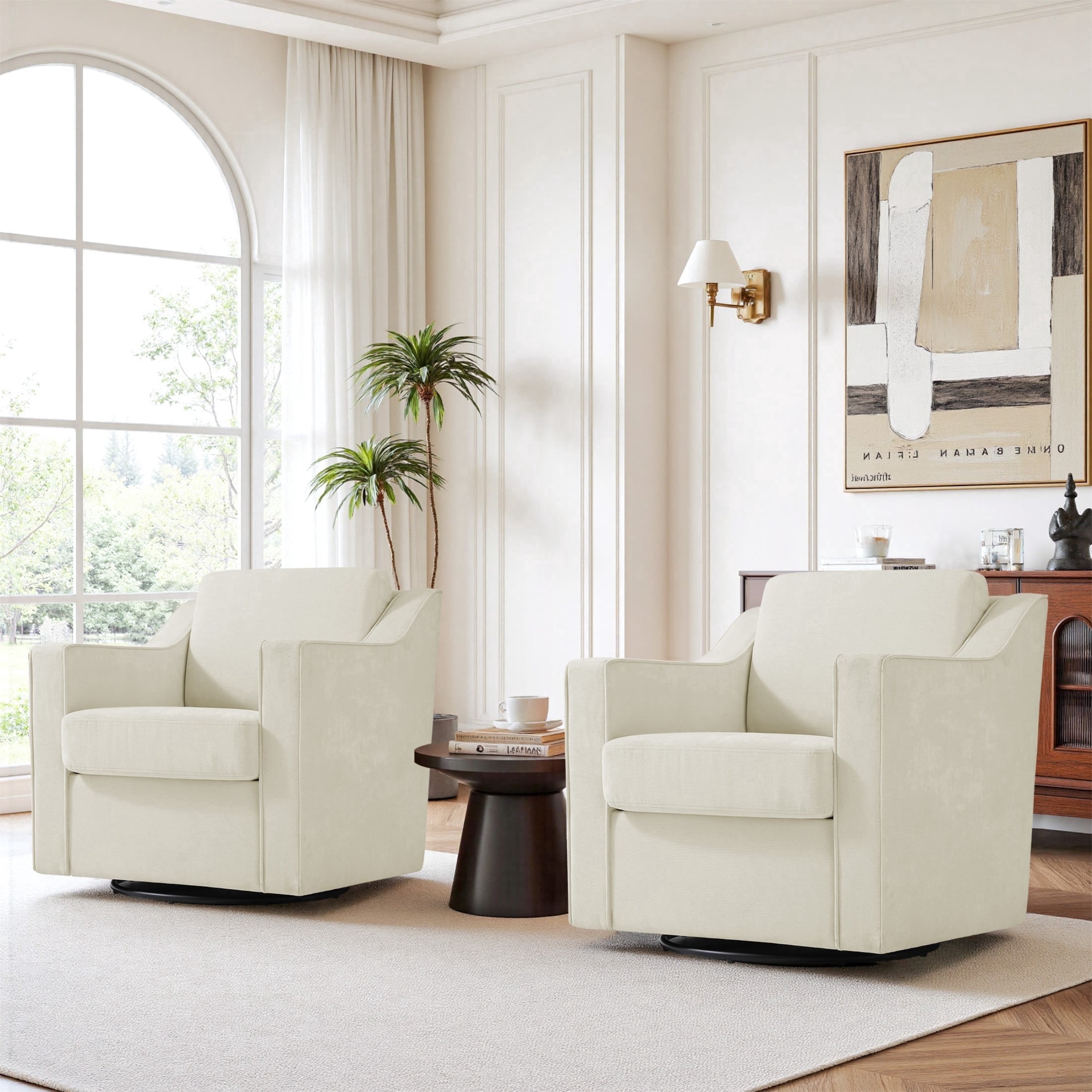 High Back Swivel Accent Chair, Chenille Beige, Set of 2