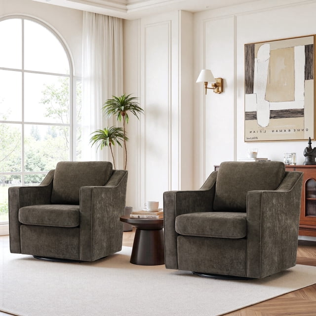 High Back Swivel Accent Chair for Living Room, Modern Upholstered Barrel Arm Chair with Plump Back Pillow, Comfy Club Sofa Reading Chair for Adults (Chenille Light Coffee, Set of 2)