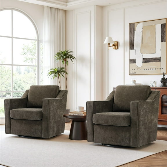 High Back Swivel Accent Chair for Living Room, Modern Upholstered Barrel Arm Chair with Plump Back Pillow, Comfy Club Sofa Reading Chair for Adults (Chenille Light Coffee, Set of 2)