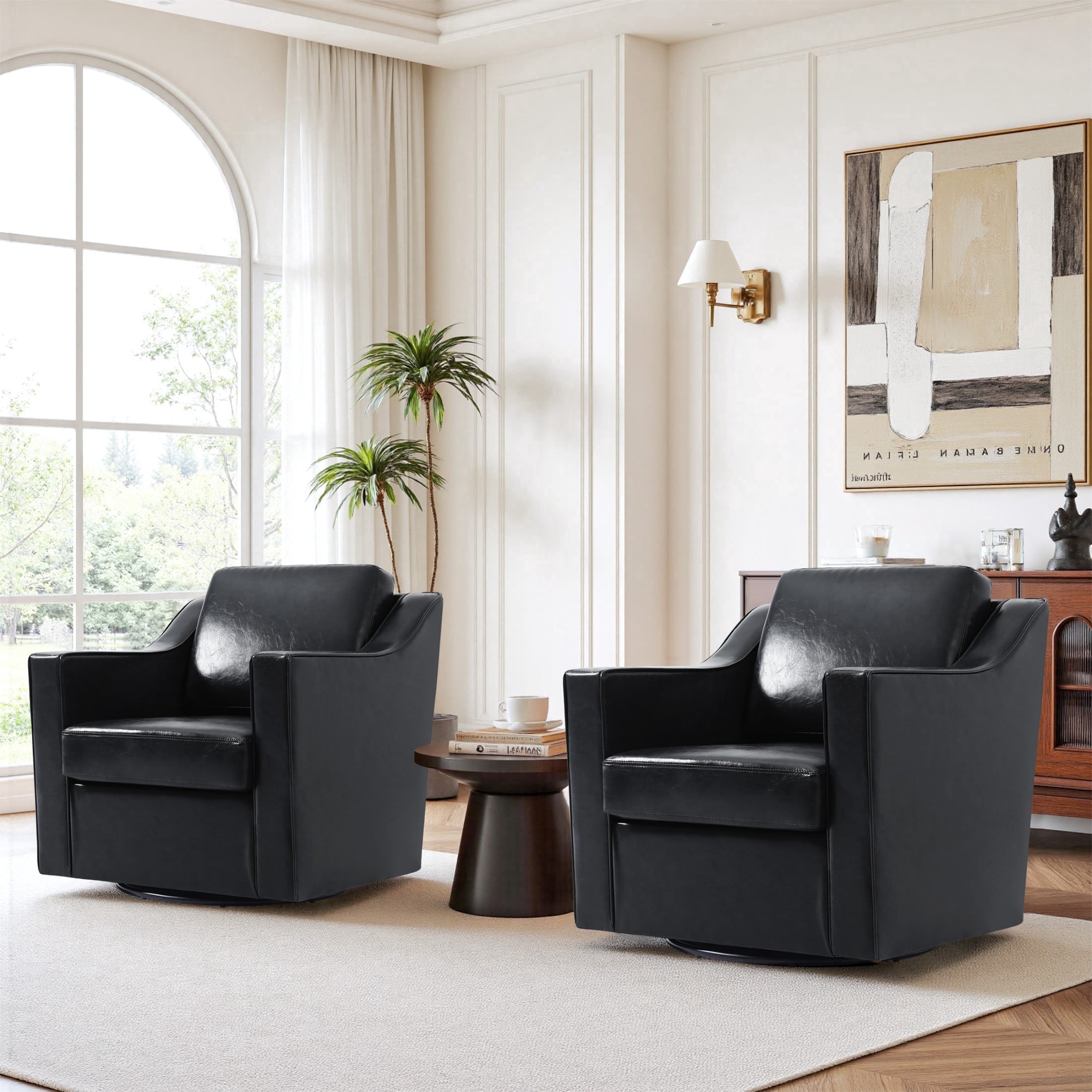 High Back Swivel Accent Chair with Plump Back Pillow, PU Leather Swivel Armchair for Living Room, Comfy Vintage Barrel Chair for Adults(Leather Black, Set of 2)