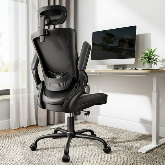High Back Swivel Ergonomic Office Chair Computer Chair Desk Chair with PU Leather Seat,Adjustable Lumbar Support & Flip-up Armrests