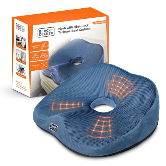 BLACK+DECKER High Back Tailbone Seat Cushion Ergonomic Memory Foam Chair Cushion, Blue