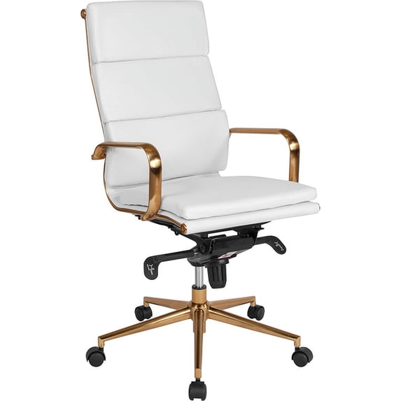 High Back White LeatherSoft Swivel Office Chair - Gold Frame, Synchro-Tilt