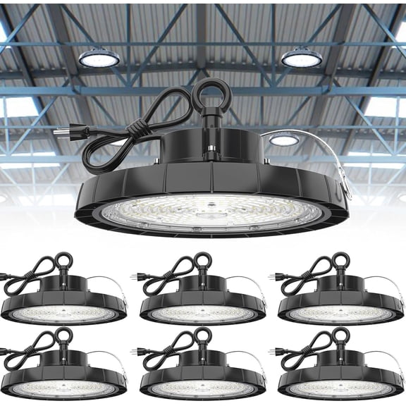 High Bay LED Lights: 200W 28000LM 5000K UFO Led Light IP65 AC100-277V IP65 - UFO Lights with  Plug 5'  for Warehouse Shop Factory Barn 6 Packs