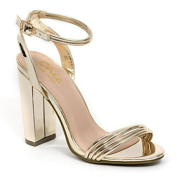 High Block Heel Ankle Strap-One Bank Sandal, Gold - Size 36
