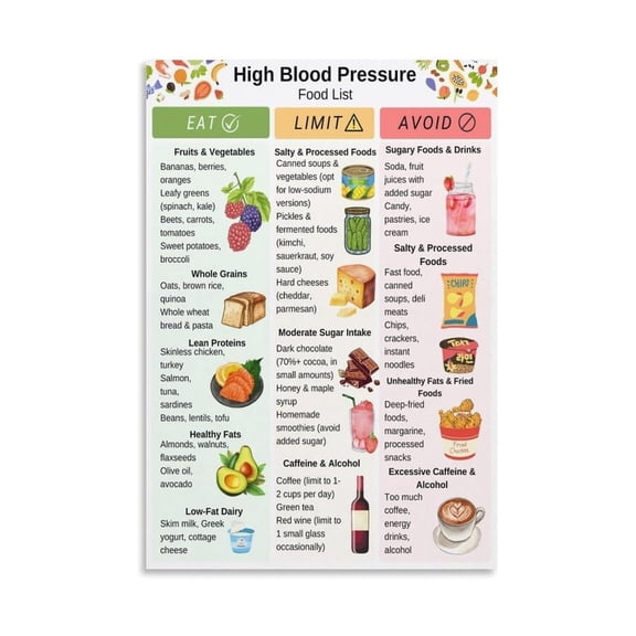 High Blood Pressure Solutions Poster with Natural Foods Diet Guide Heart Healthy Living Kitchen Dining Room Wall Decor Art