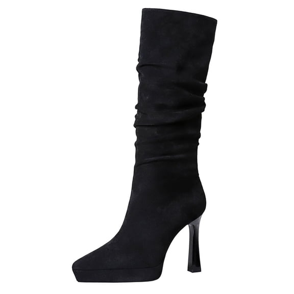 High Boots Women Faux Suede Stiletto 11.5CM Lift Pleated Knee-high Fashion Long Tall Boots Fashion Long Tall Winter
