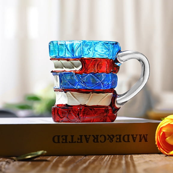 High Boron Silicate Glass Hand-Painted Stack of Books Mug with Bright Orange Red Yellow Art Patterns Reusable Creative Gift for Book Lovers Librarians Female Book Clubs and Literary Lovers