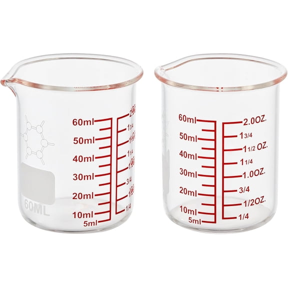 High Borosilicate Glass Measuring Cup with V-Shaped Spout, Easy to Read Glass Measuring Beaker for Kitchen and Restaurant Use, 60 ML (2 Oz), Pack of 2, Durable Heat-Resistant Liquid Measuring Cups