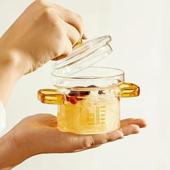 High Borosilicate Glass Stewing Pot Set - Heat Resistant Cookware with Lid, Glass Bowl with Measurement Markings, Steaming Pot for Poached Eggs, Slow Cooking Pot, Dishwasher Safe Kitchen Utensil
