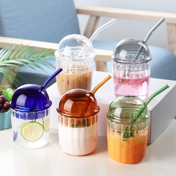High Borosilicate Glass Tumbler 15 Oz, Wide Mouth Drinking Glass with Dome Lid & Glass Straw, Reusable Clear Iced Coffee Cup, Beverage Mug for Milkshake, Juice, Tea, Home, Office & Daily Drink Use