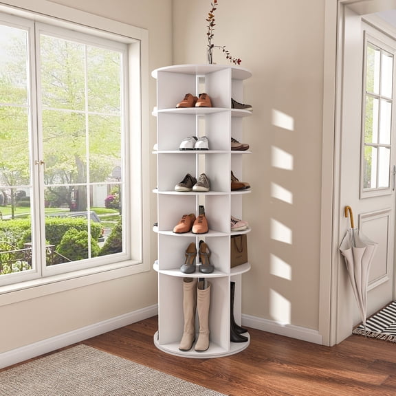 High Bottom Design 6-Tier Shoe Organizer in White, Revolving Storage Rack for 24 Pairs, Efficient Space Saver