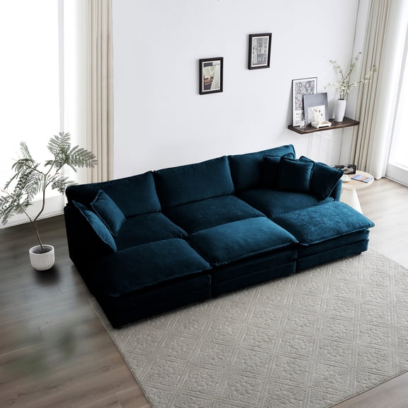 High Breathable Sectional With 3 Ottomans In Blue Chenille Reversible And Cover Durability