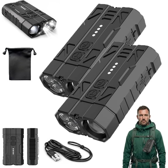 High-Brightness Pocket Dual-Module Outdoor Flashlight, 4 Light Mode Built in Mount, Dual Switch Spotlight and Floodlight, Aluminum Alloy Rechargeable Torch for Camping, Emergency, Hiking