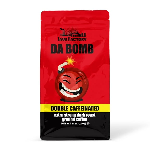 High Caffeine Ground Coffee, Da Bomb Dark Roast, Double Caffeinated for a Bold, Strong Brew, 12 Ounce Bag, Perfect for French Press and Drip Coffee Makers