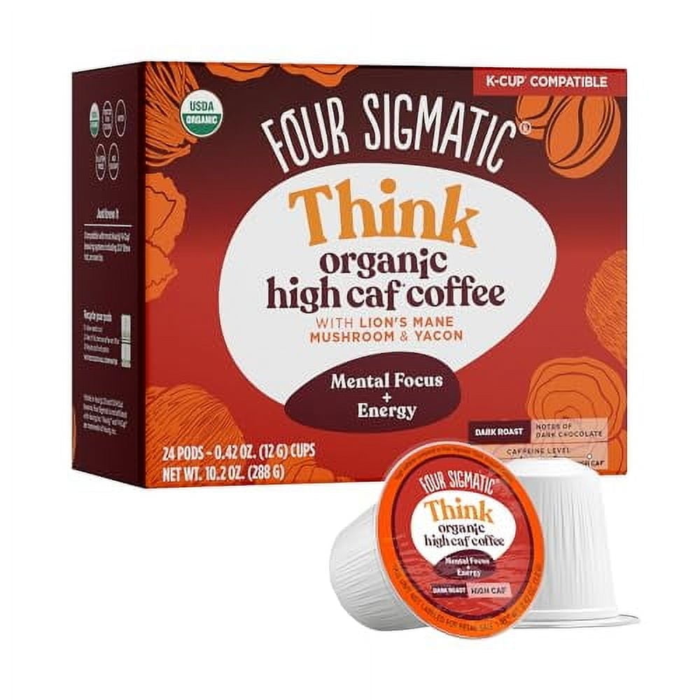 High Caffeine Mushroom Coffee K-Cups by Four Sigmatic | Organic and Fair Trade Dark Roast Coffee with Lions Mane & Chaga | Focus & Immune Support | Vegan & Keto | Sustainable Pods | 24 Count