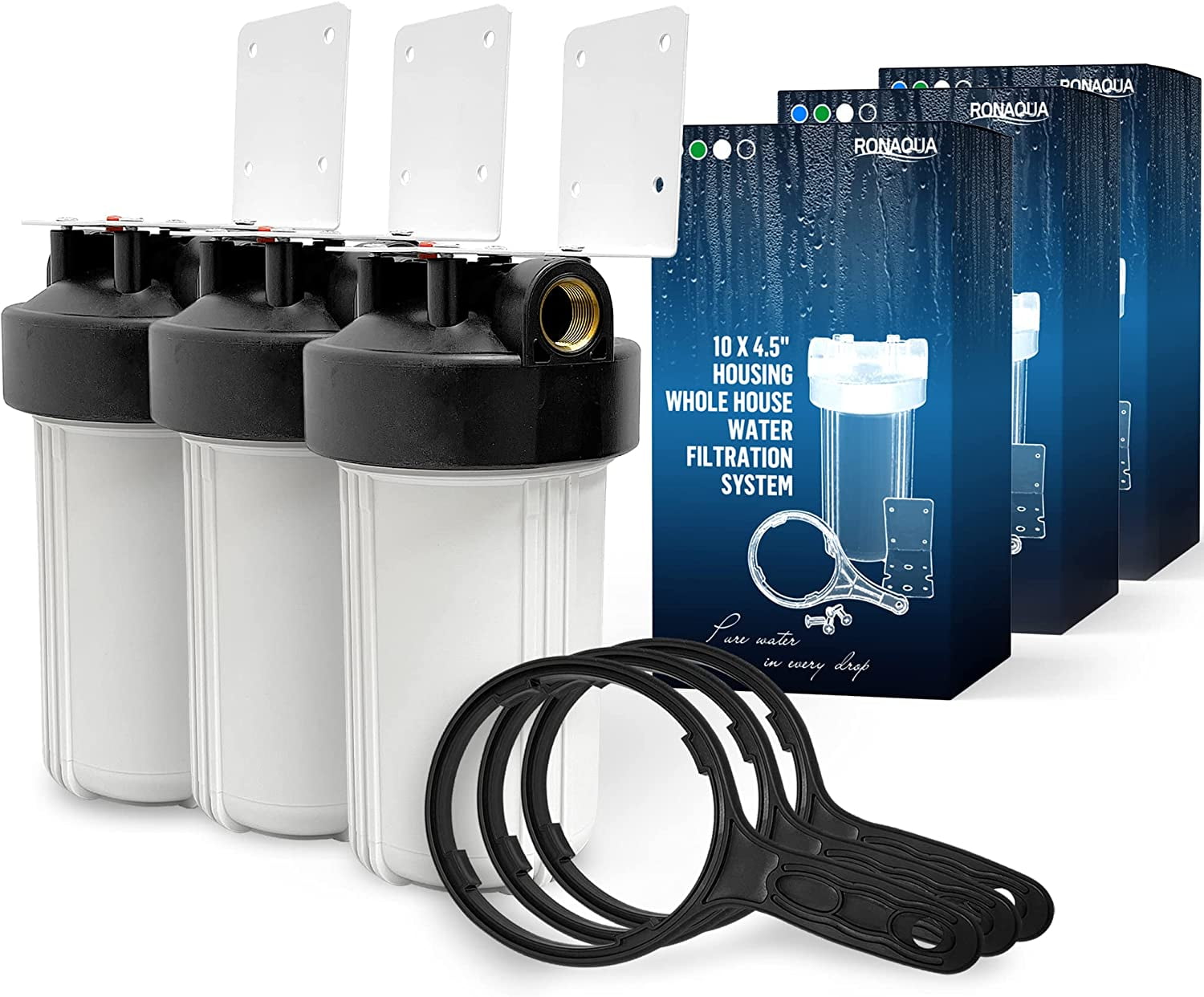 High Capacity 10 x 4.5” Whole House Filter Purifier System for Well or City Water, Presser Relief Button, 1” NPT Brass Port, Double O-ring, Meets NSF Standards & Regulations (White, 3 Sets)