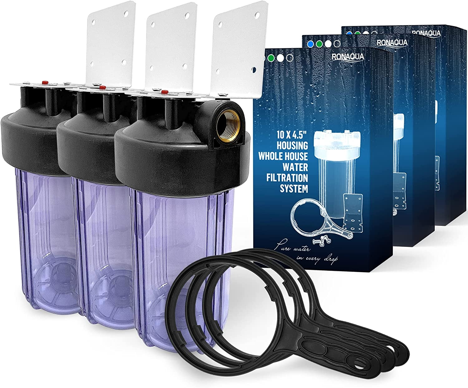 High Capacity 10 x 4.5” Whole House Filter Purifier System for Well or City Water, Presser Relief Button, 1” NPT Brass Port, Double O-ring, Meets NSF Standards & Regulations (Transparent, 3 Sets)