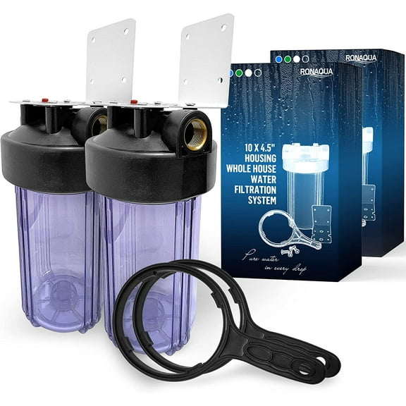 High Capacity 10 x 4.5 Whole House Filter Purifier System for Well or City Water, Presser Relief Button, 1 NPT Brass Port, Double O-ring, Meets NSF Standards & Regulations (Transparent, 2 Sets)